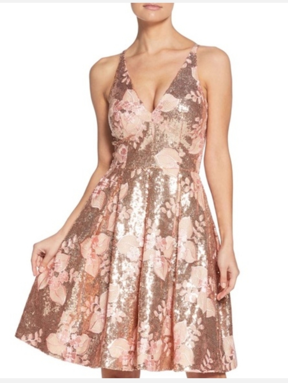 Dress the Population Rose Gold Floral Sequin Fit & Flare Midi Dress